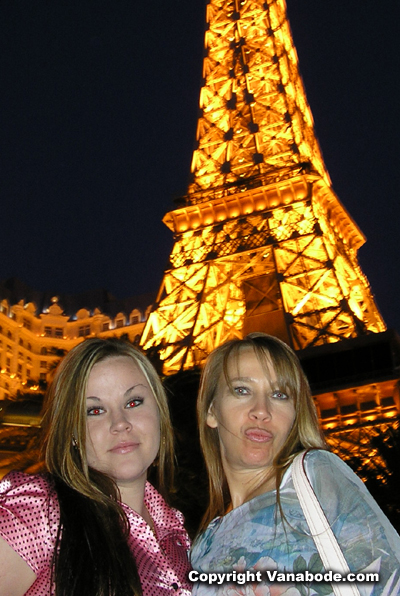 A picture of Paris' Eiffel tower lit up beautifully on the Las Vegas Strip